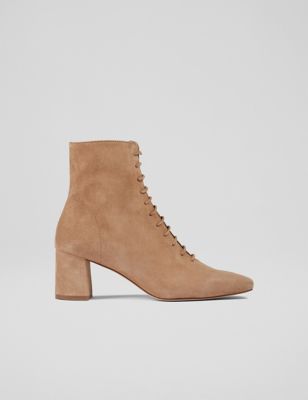 Suede Lace Up Block Heel Square Toe Ankle Boots