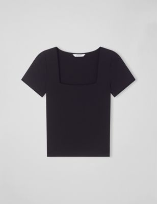 Lk Bennett Womens Jersey Square Neck T-Shirt - XS - Black, Black,Ivory