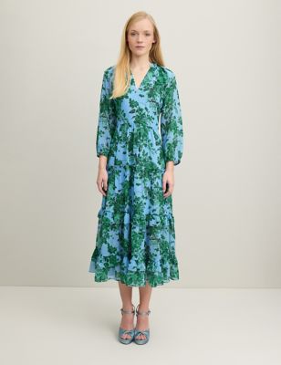 Lk Bennett Womens Floral V-Neck Midi Tiered Dress - 12 - Multi, Multi