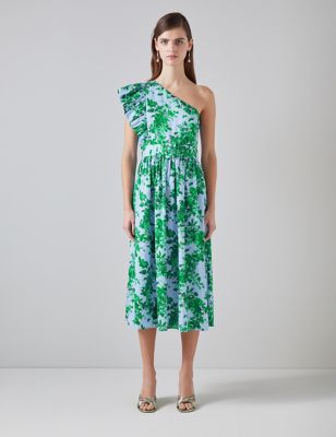 Lk Bennett Womens Pure Cotton Floral One Shoulder Midi Dress - 20 - Blue Mix, Blue Mix