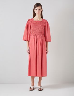 Lk Bennett Womens Pure Cotton Square Neck Shirred Midi Dress - 8 - Pink, Pink