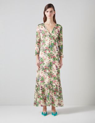 Lk Bennett Womens Silk Rich Printed V-Neck Maxi Tiered Dress - 14 - Multi, Multi
