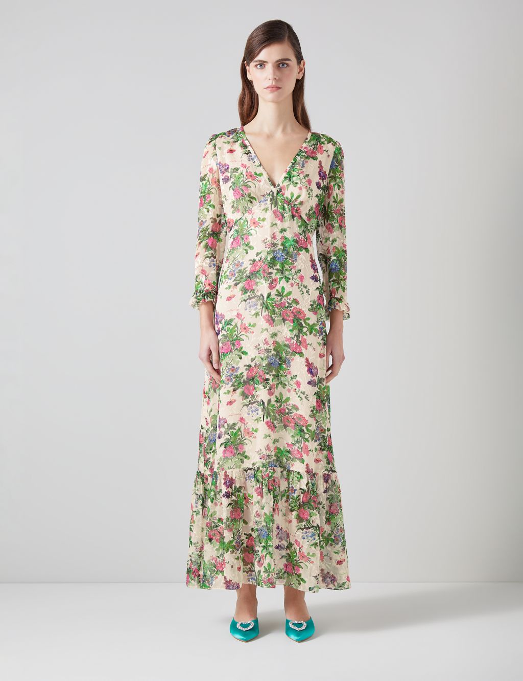 Silk Rich Printed V-Neck Maxi Tiered Dress