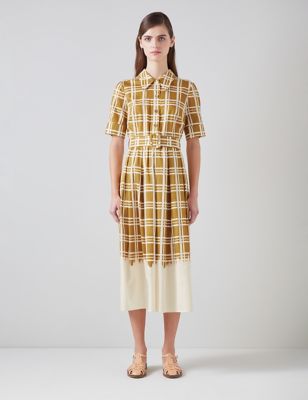Lk Bennett Women's Pure Cotton Checked Belted Midi Shirt Dress - 10 - Multi, Multi