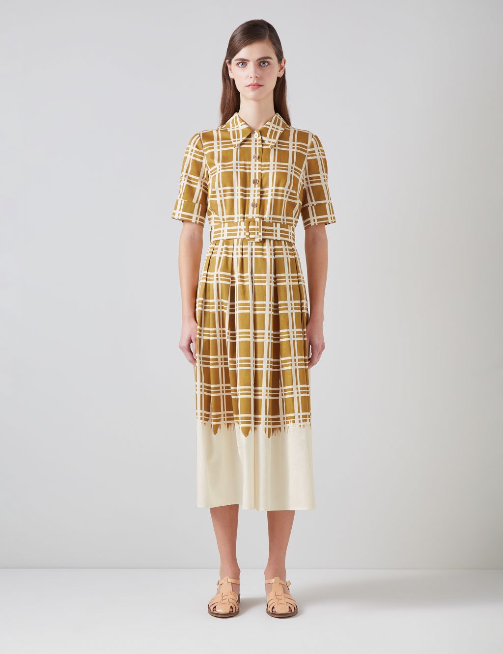Pure Cotton Checked Belted Midi Shirt Dress
