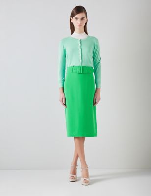 Lk Bennett Womens Crepe Belted Midi Pencil Skirt - 12 - Green, Green