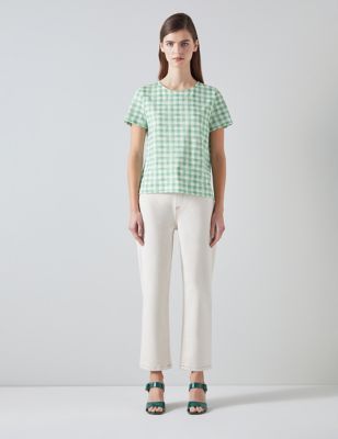 Lk Bennett Womens Pure Cotton Checked T-Shirt - XS - Green Mix, Green Mix