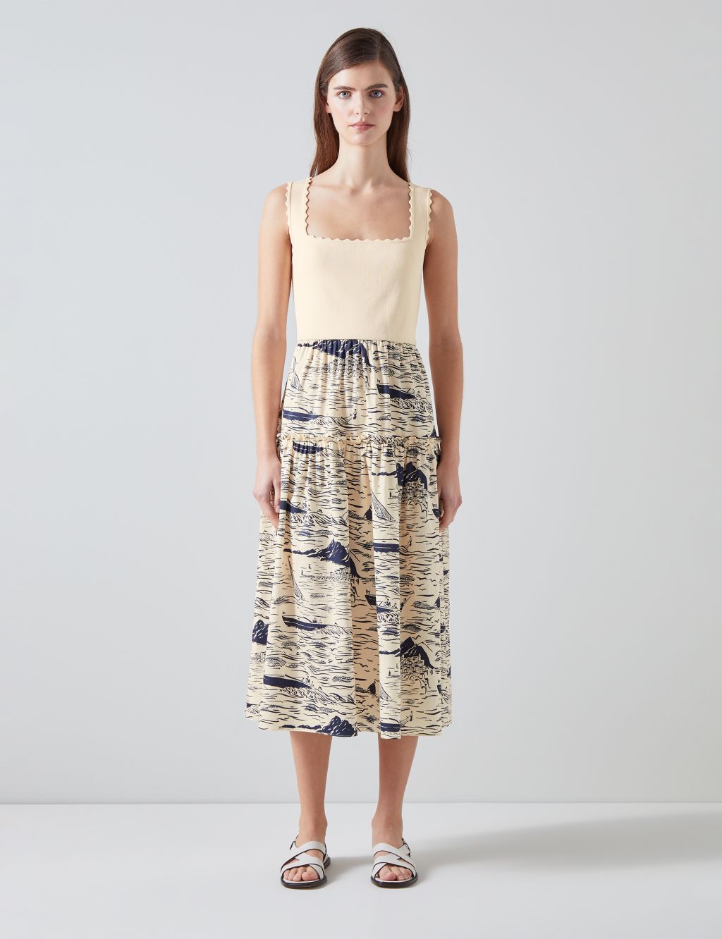 Printed Square Neck Midaxi Waisted Dress