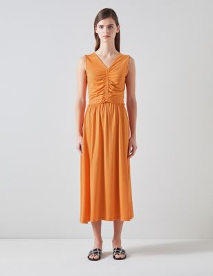 Lk Bennett Womens Cotton Blend V-Neck Midaxi Skater Dress - 20 - Orange, Orange