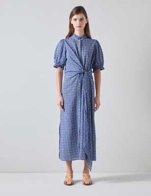 Lk Bennett Women's Cotton Rich Check Midaxi Relaxed Wrap Dress - 20 - Blue Mix, Blue Mix