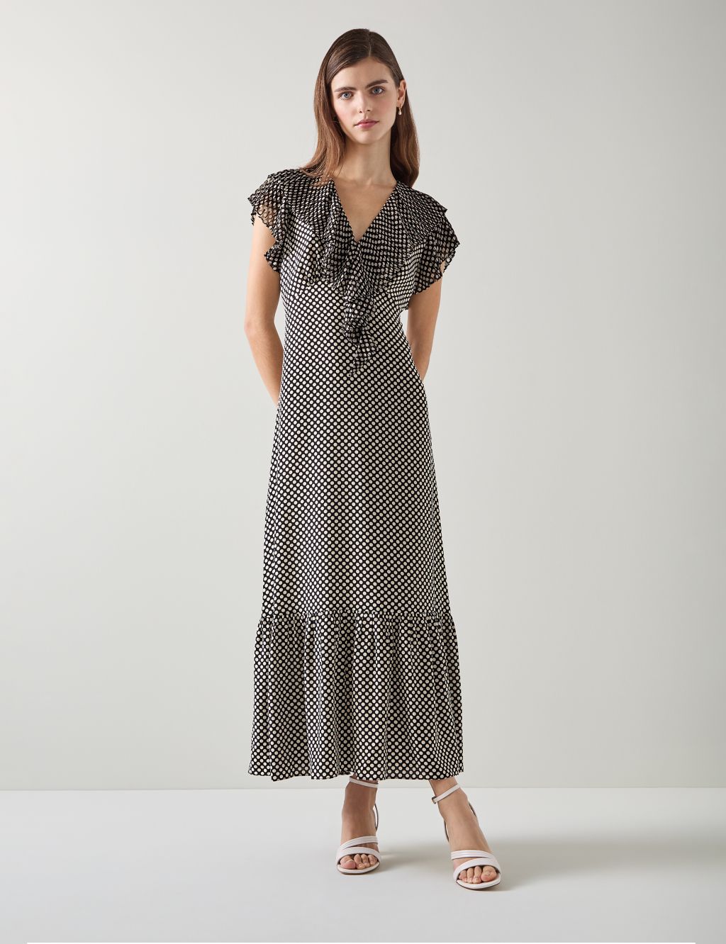 Pure Silk Polka Dot V-Neck Maxi Tea Dress