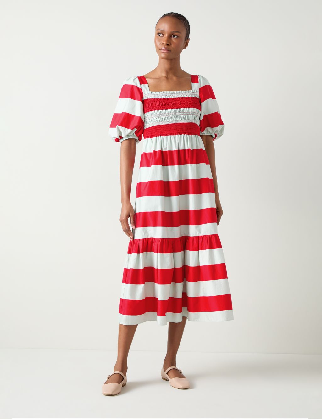 Pure Cotton Striped Midi Tiered Smock Dress