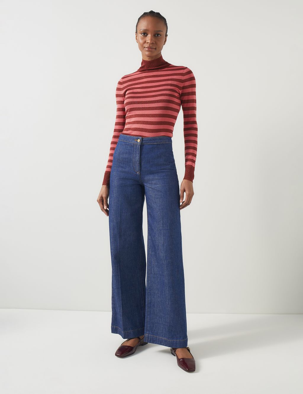 Metallic Striped Funnel Neck Knitted Top