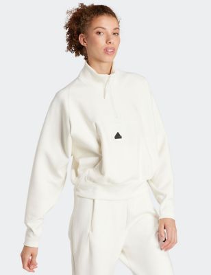 Adidas Womens Z.N.E. Cotton Rich Half Zip Sweatshirt - XL - White, White,Black
