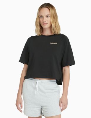 Timberland Women's Cotton Blend Crew Neck Cropped T-Shirt - M - Black, Black,Lilac