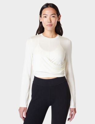 Sweaty Betty Womens Modal Rich Round Neck Wrap Front Top - XL - Soft White, Soft White