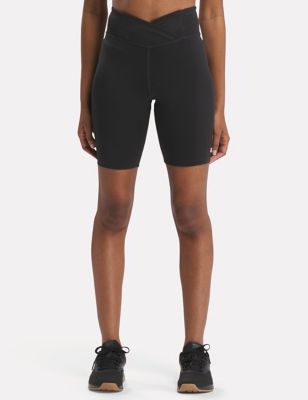 Reebok Womens Basic Wrap Waist High Waisted Bike Shorts - M - Black, Black