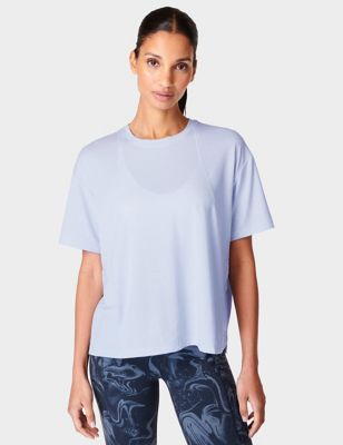 Sweaty Betty Womens Soft Flow Studio Crew Neck Relaxed T-Shirt - Light Blue, Light Blue,White