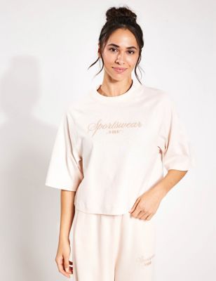 Puma Womens Classics+ Cotton Rich Embroidered T-Shirt - Soft Pink, Soft Pink,Medium Grey Mix