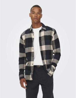 Only & Sons Mens Pure Cotton Check Flannel Shirt - Navy Mix, Navy Mix