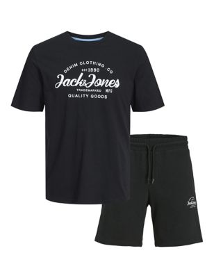 Jack & Jones Mens Cotton Rich Loungewear Shorts and T-shirt Set - M - Black, Black