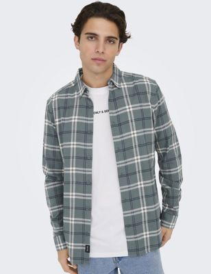 Only & Sons Mens Pure Cotton Check Shirt - Green Mix, Green Mix