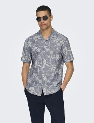 Only & Sons Men's Cotton Linen Blend Hawaiian Shirt - Blue Mix, Blue Mix