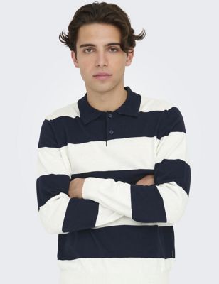 Only & Sons Mens Cotton Rich Striped Long Sleeve Polo Shirt - Navy Mix, Navy Mix,Grey Mix