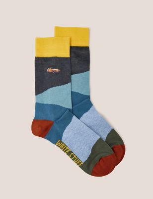 White Stuff Mens Embroidered Car Cotton Rich Socks - 7-9 - Teal Mix, Teal Mix