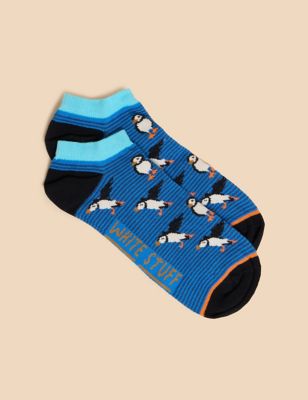 White Stuff Men's Puffin Cotton Rich Trainer Socks - 10-12 - Blue Mix, Blue Mix