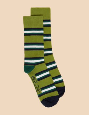 White Stuff Mens Striped Cotton Rich Socks - 7-9 - Green Mix, Green Mix