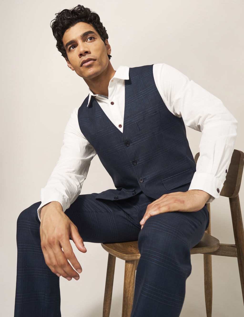 Regular Fit Linen Blend Check Waistcoat image 1
