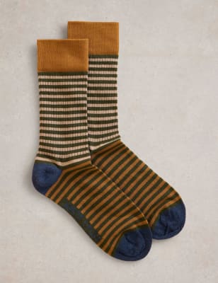 White Stuff Men's Striped Cotton Rich Socks - 10-12 - Green Mix, Green Mix