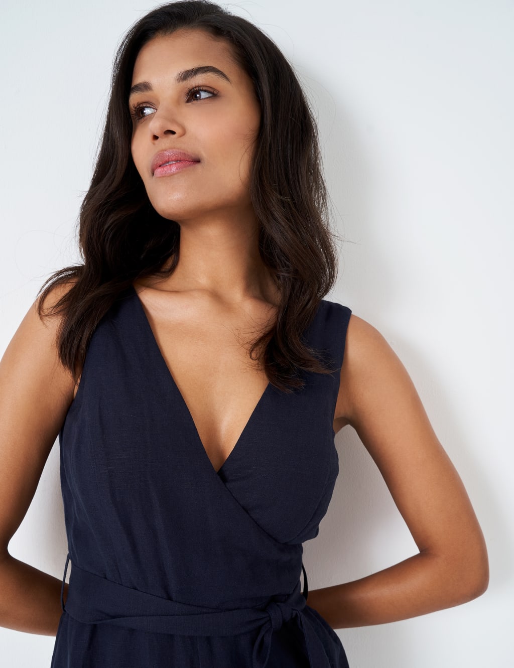 Linen Blend Belted Cropped Wide Leg Jumpsuit image 3