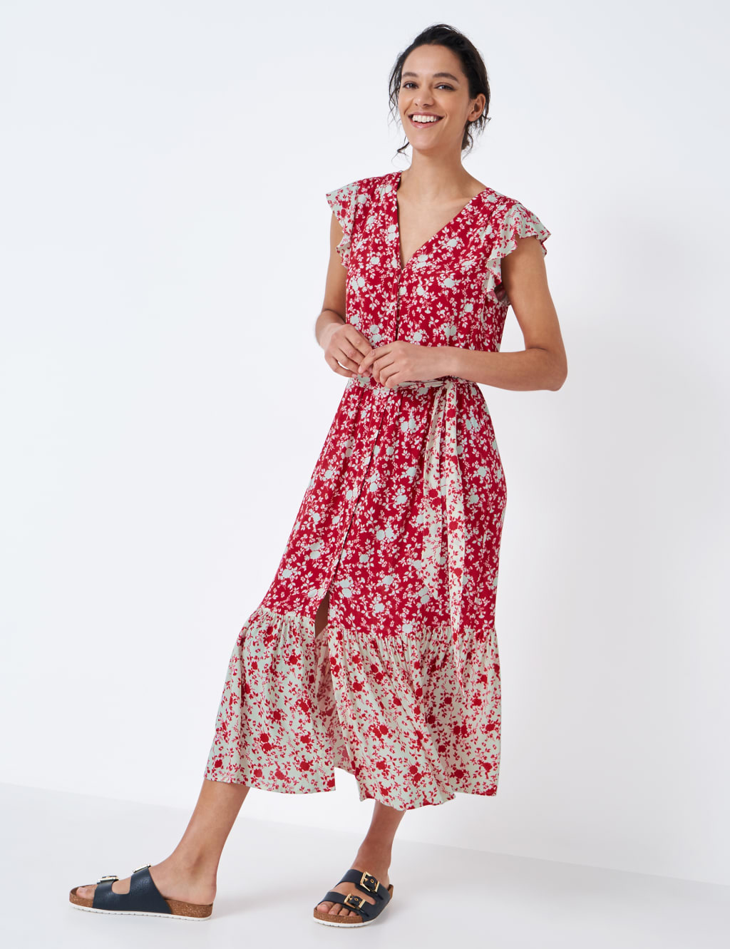 Floral V-Neck Tie Waist Midi Tiered Dress image 1