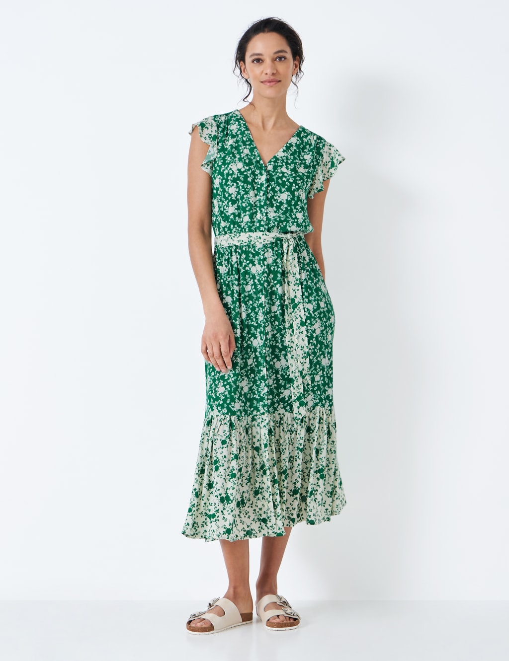 Floral V-Neck Tie Waist Midi Tiered Dress image 1