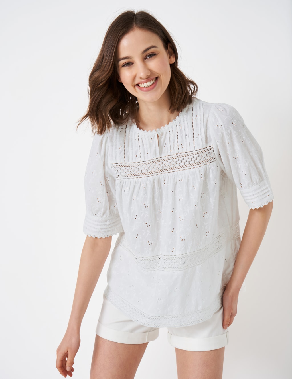 Pure Cotton Broderie Crew Neck Blouse image 1