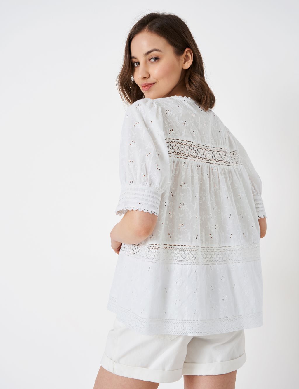 Pure Cotton Broderie Crew Neck Blouse image 3