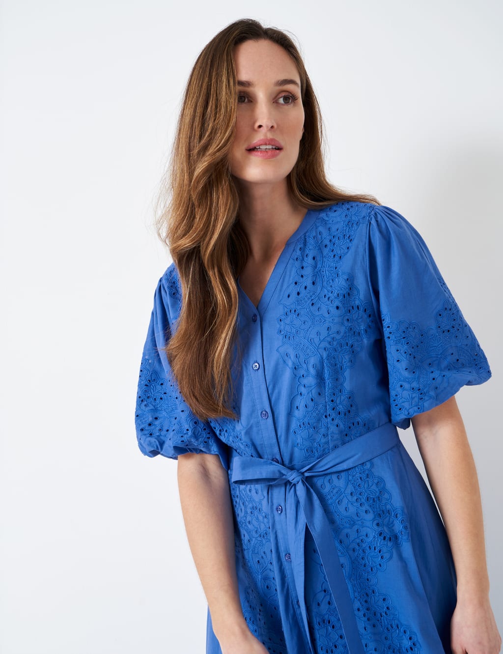 Embroidered V-Neck Belted Midi Shirt Dress image 4