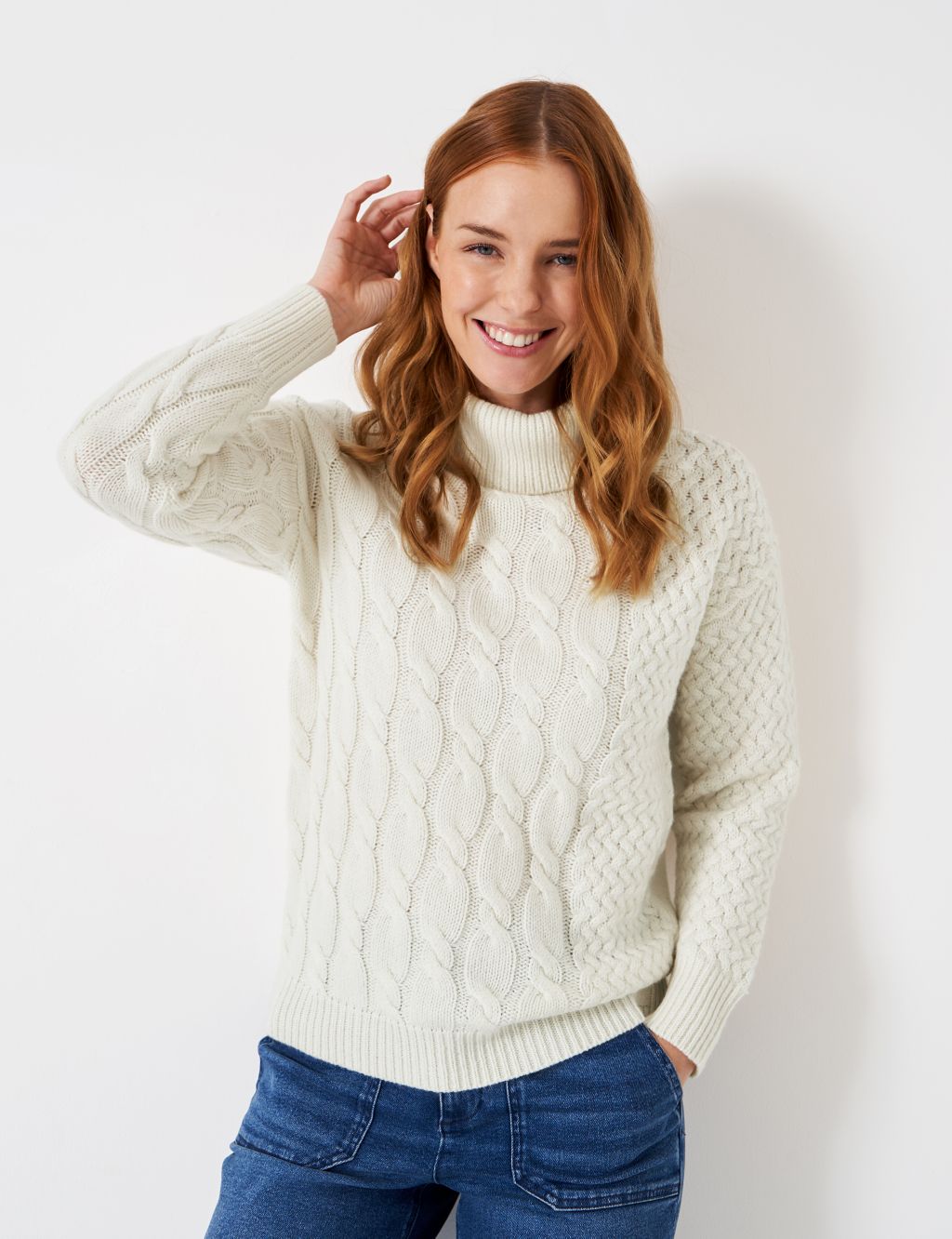Wool Blend Cable Knit Roll Neck Jumper