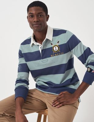 Crew Clothing Men's Pure Cotton Striped Embroidered Rugby Shirt - Medium Blue Mix, Medium Blue Mix