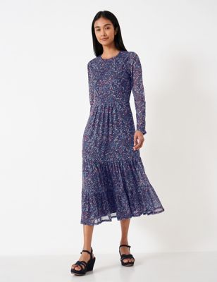 Crew Clothing Womens Jersey Ditsy Floral Midi Tiered Dress - 12 - Blue Mix, Blue Mix