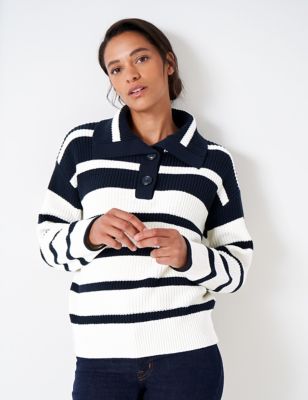 Crew Clothing Womens Pure Cotton Striped Collared Jumper - 8 - Blue Mix, Blue Mix