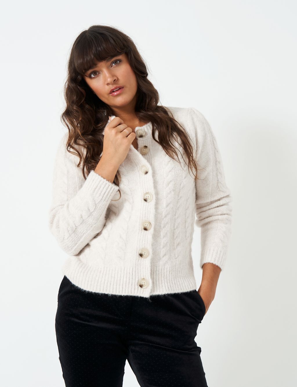 Cable Knit Crew Neck Button Front Cardigan