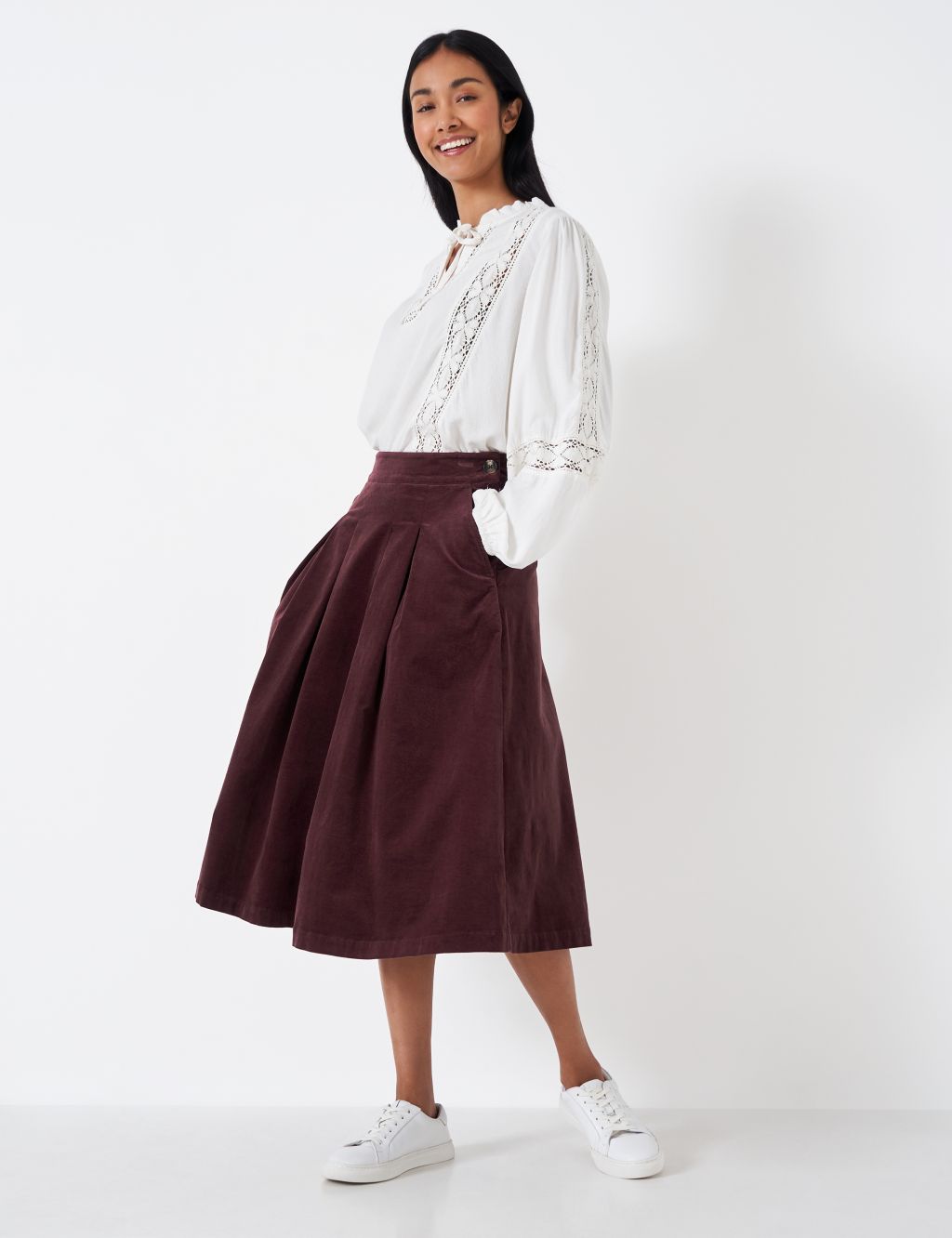 Cord Pleated Midi Skirt