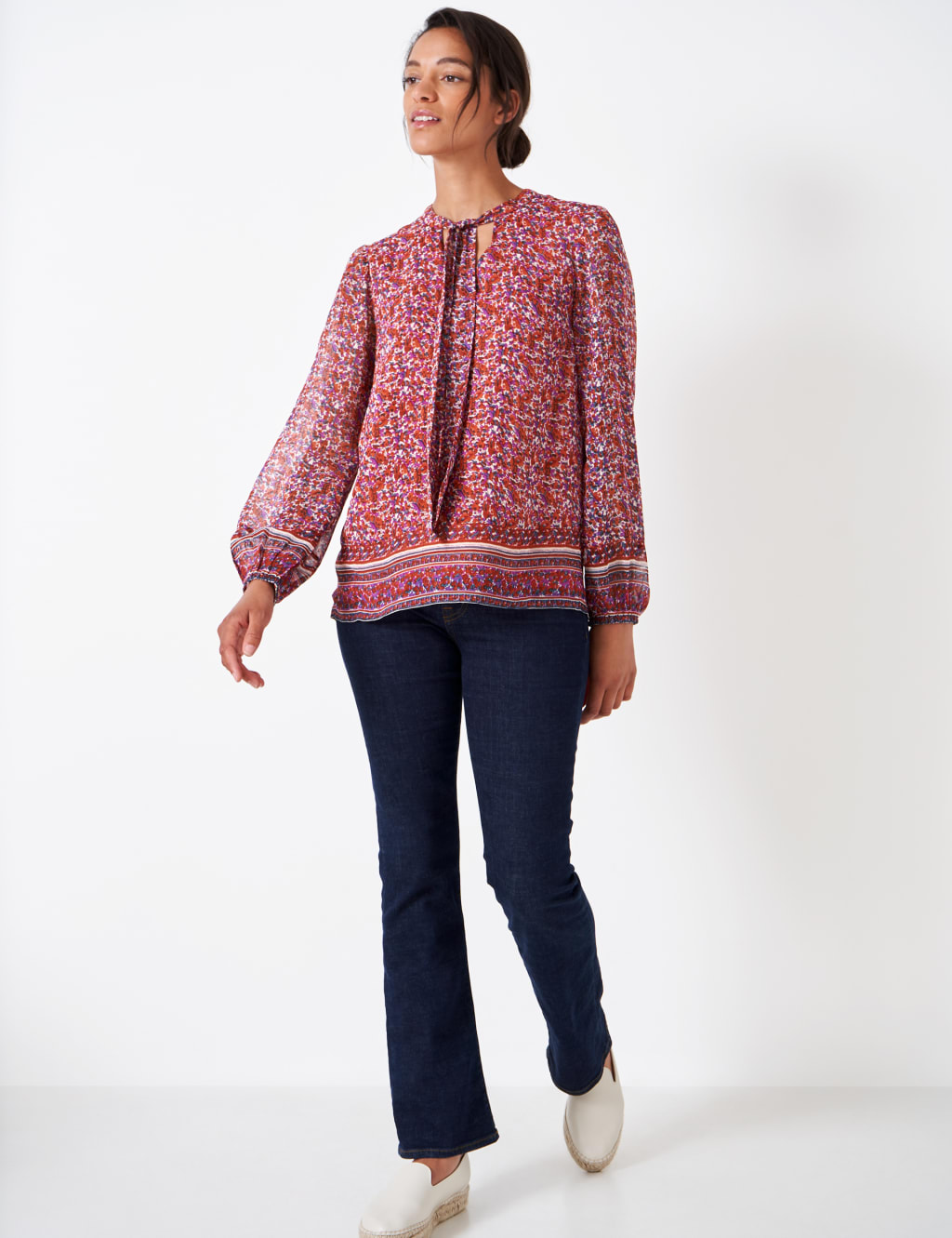 Printed Tie Neck Blouson Sleeve Blouse image 3