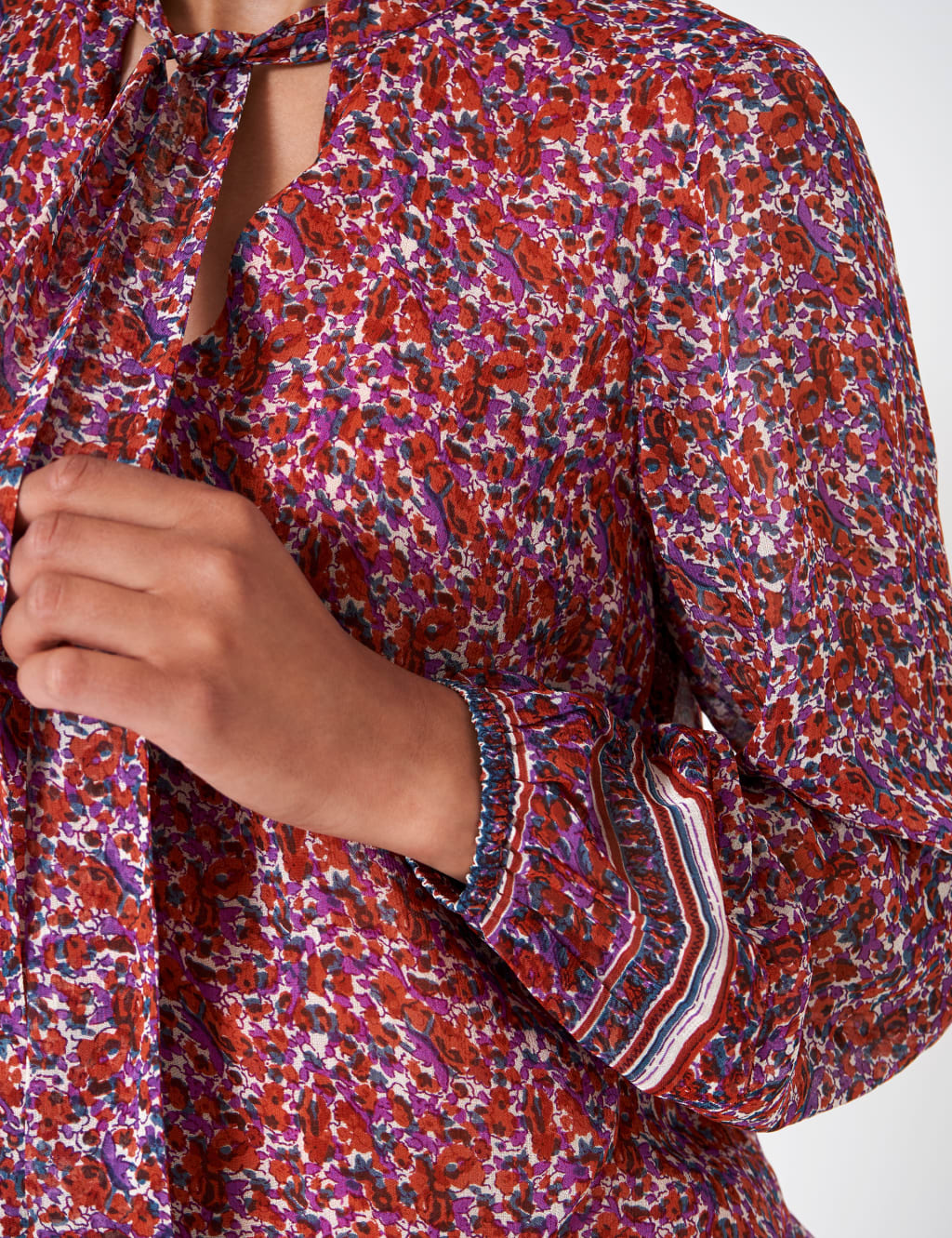 Printed Tie Neck Blouson Sleeve Blouse image 5