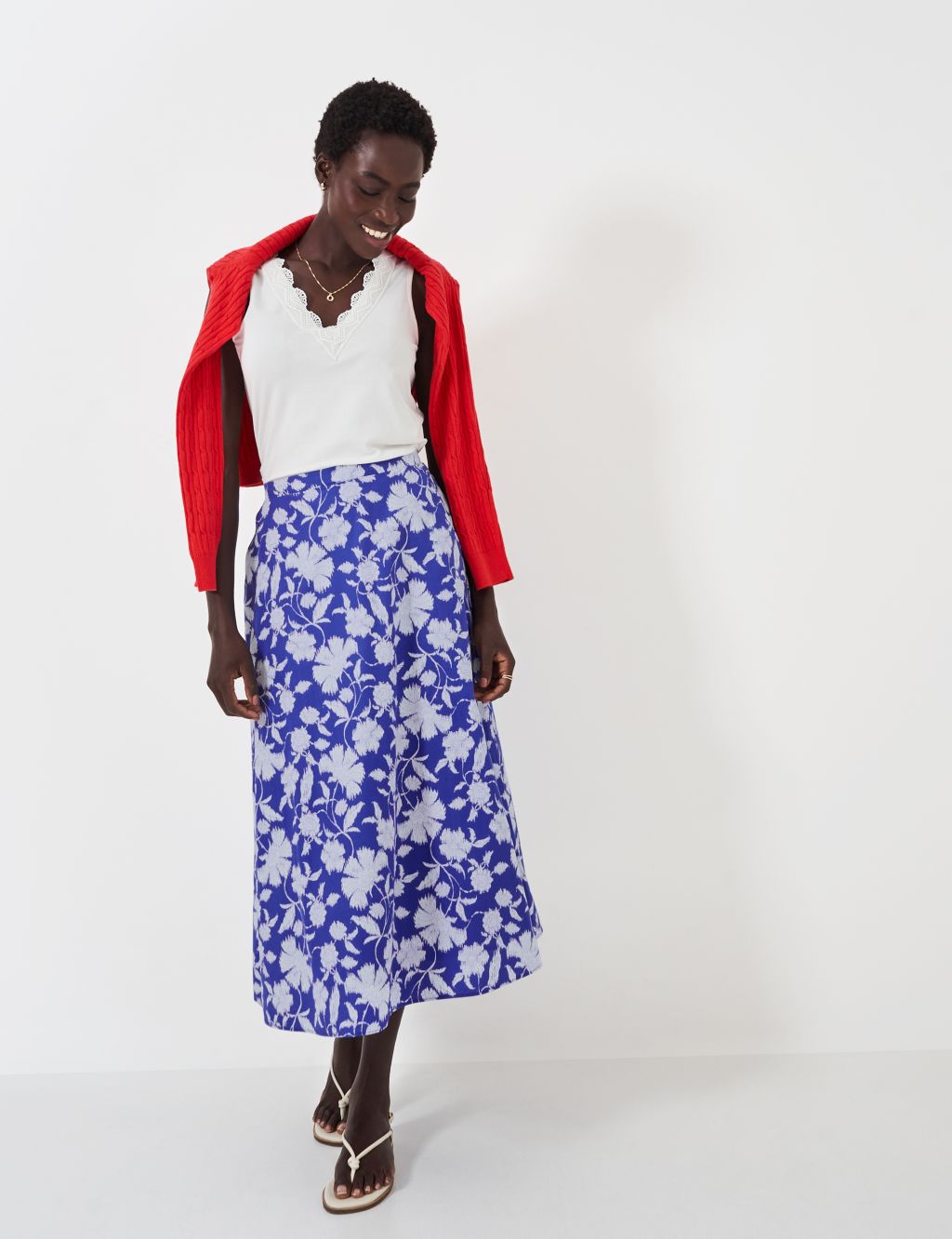 Pure Cotton Floral Midi A-Line Skirt