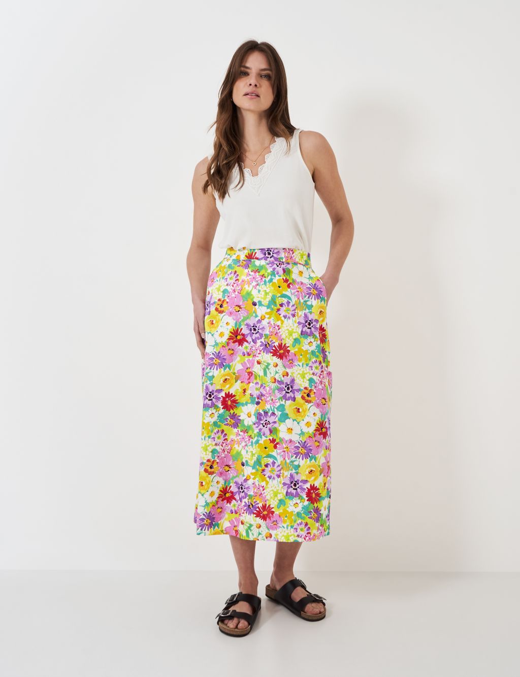 Cotton Blend Floral Midi A-Line Skirt
