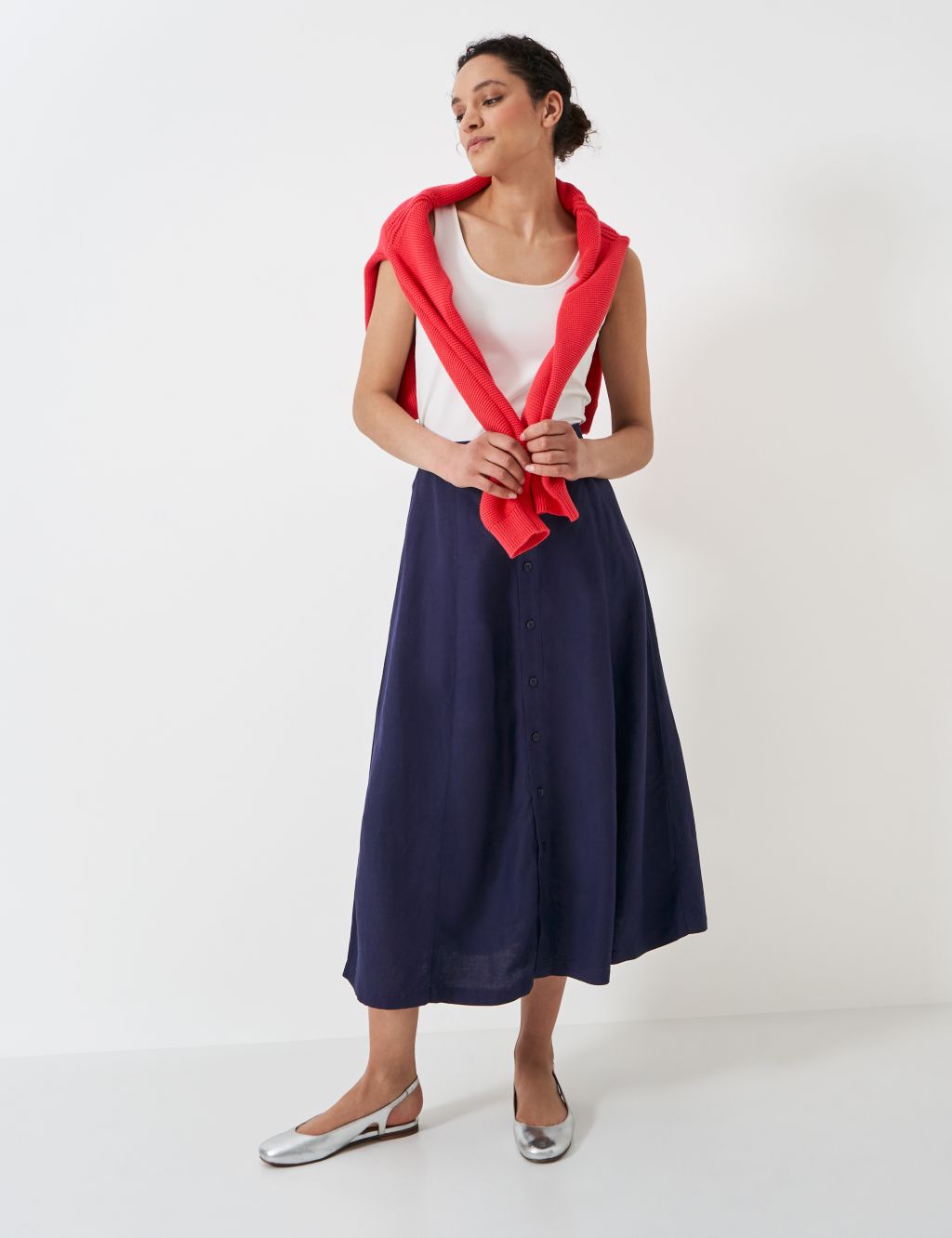 Linen Blend Button Front Midi A-Line Skirt